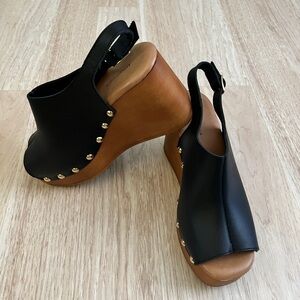 Anthropologie Black Leather Platform Slingback Wedges with Gold Studs